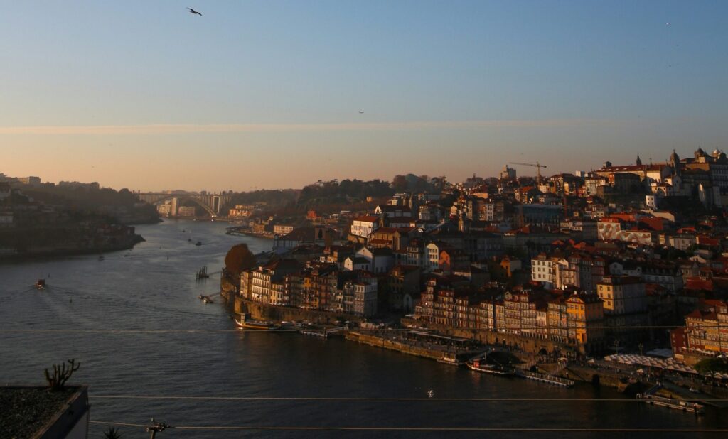 The city of Porto, Portugal, features clear skies and birds soaring above, with charming apartment buildings