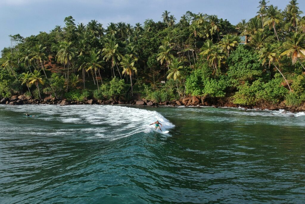 A right-hand wave with crystal-clear water and a backdrop of lush tropical trees at Mirissa Beach, Sri Lanka