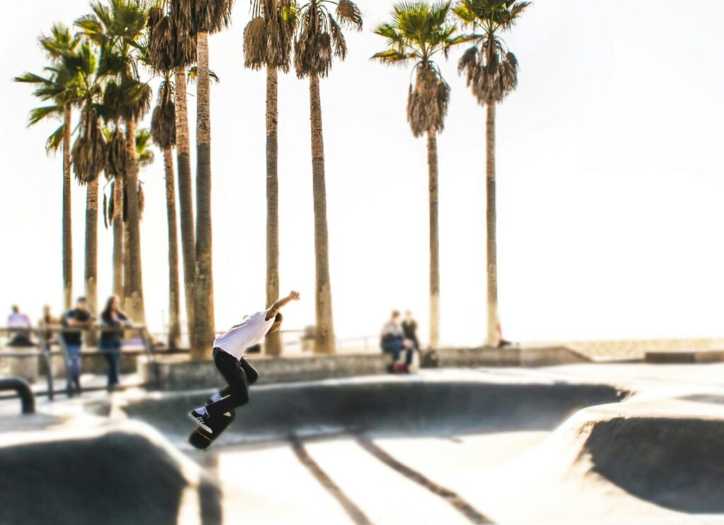 A skater performs an air trick at Venice Skatepark, Los Angeles, with palm trees and clear blue skies in the background