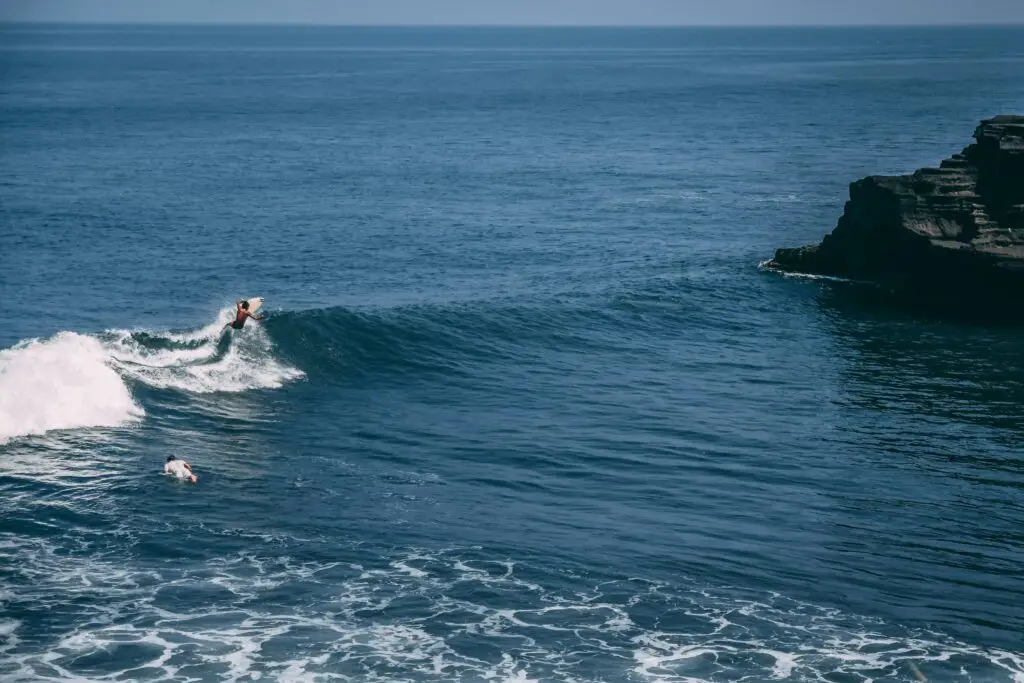 Surfer performs a top turn with spray on a left-hand wave in clean conditions at Uluwatu, Indonesia