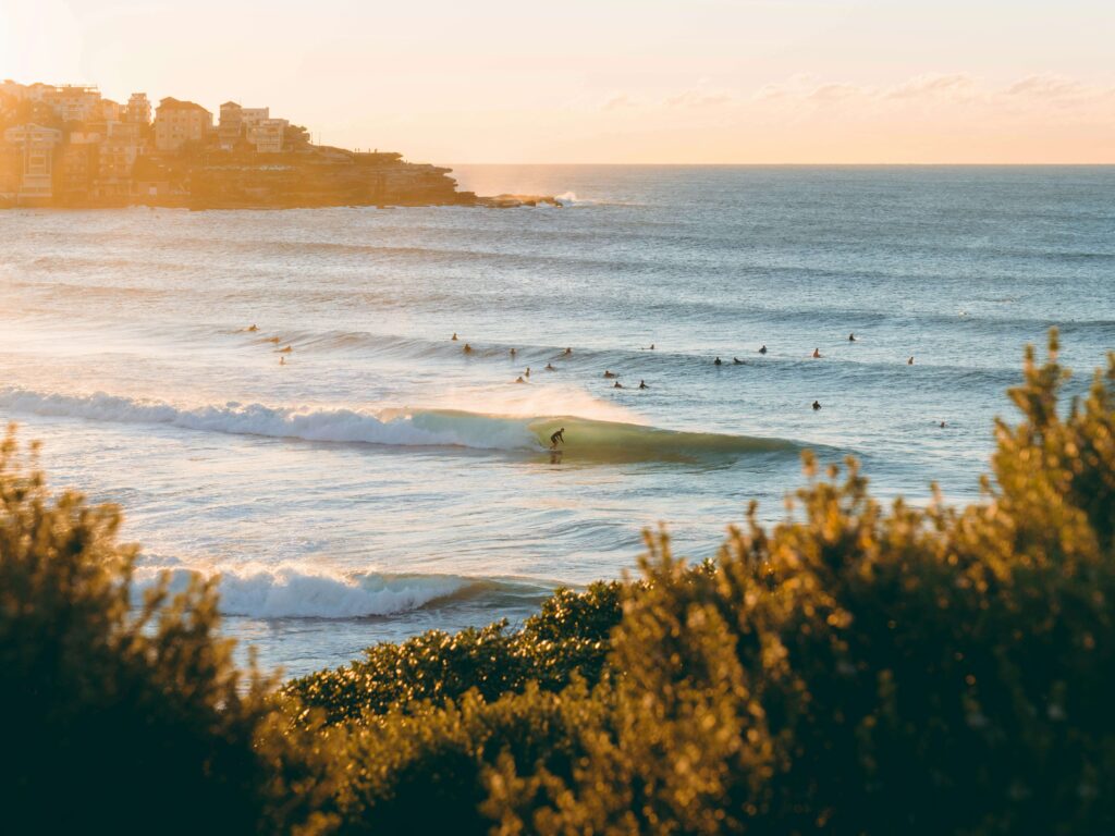 Surfer riding a wave at Bondi Beach surf, with other surfers in the background and iconic apartments lining the shore