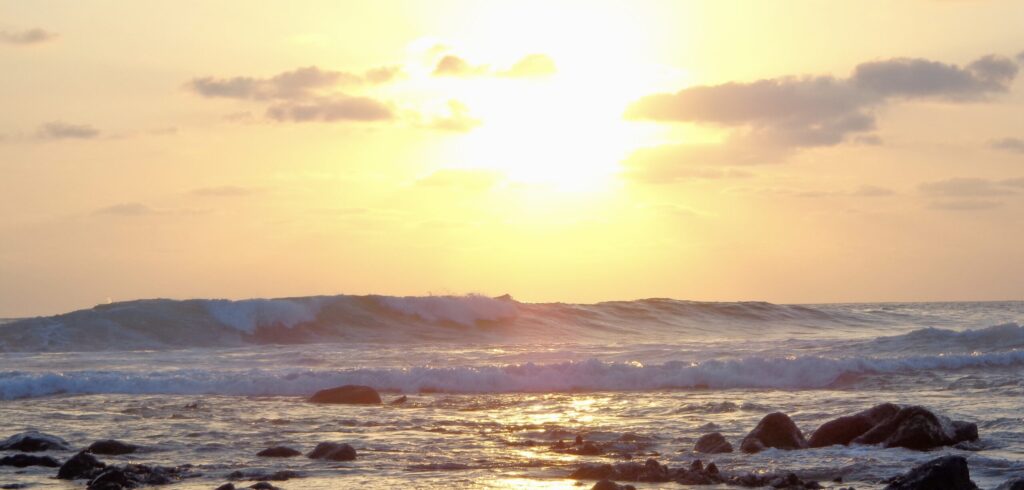 Troncones Point in Troncones surf, Mexico, showing a left-hand wave with the sun in the background creating a yellow backdrop