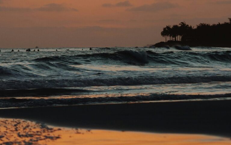 Sunset at Playa Punta de Mita surf with orange skies, surfers in the water, a wave breaking, and palm trees in the distance