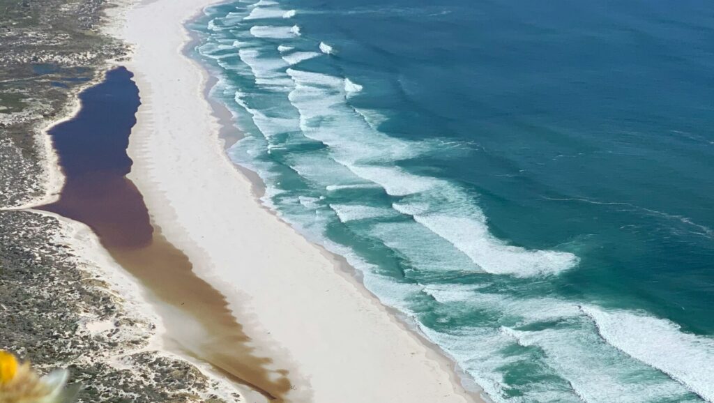 Top-down view of Noordhoek Beach near Kommetjie Surf, showing white sand, ocean waves, and green landscape on the left