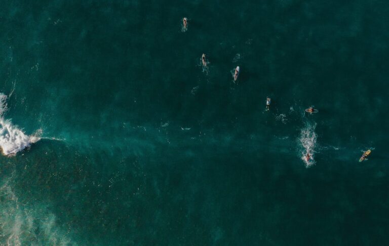 Sayulita surf Beach from a drone's bird's-eye view, with surfers in the water and deep blue tones