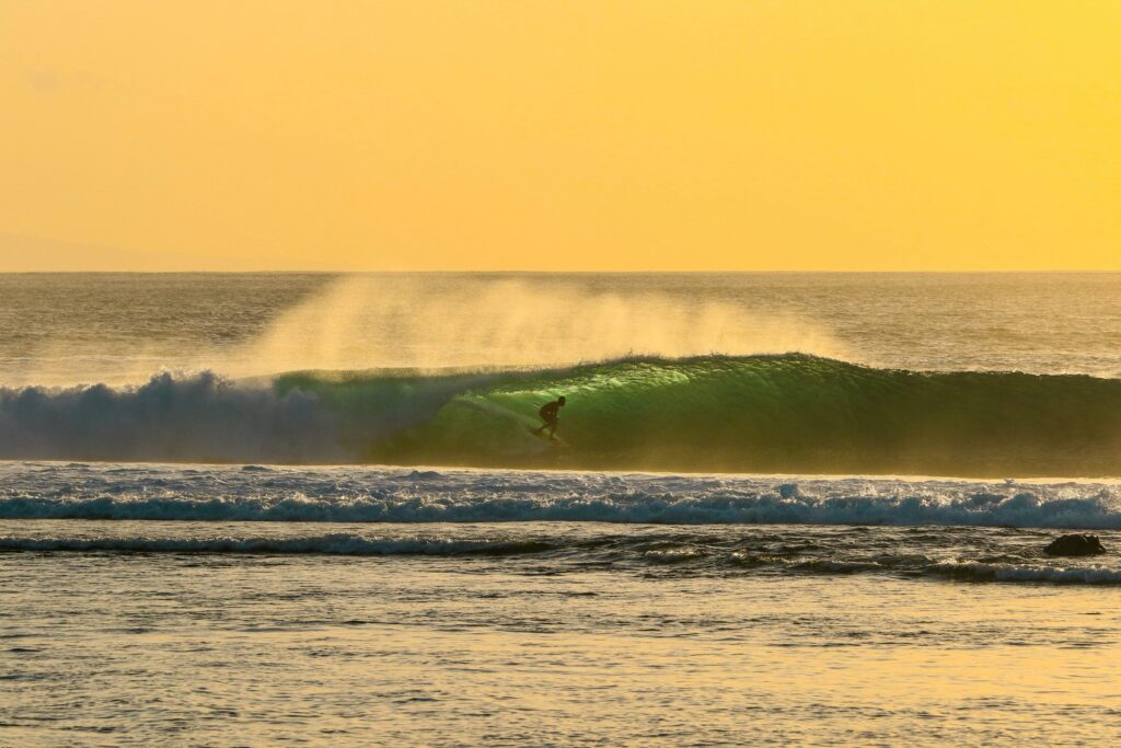 Surfer rides a perfect left-hand barrel in Lombok Surf, Indonesia, with sunlight glistening off the wave