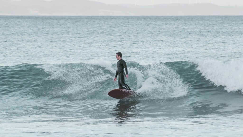 A surfer on a mal at Jeffreys Bay Surf, South Africa, riding a mellow wave and doing a bottom turn, looking down the line
