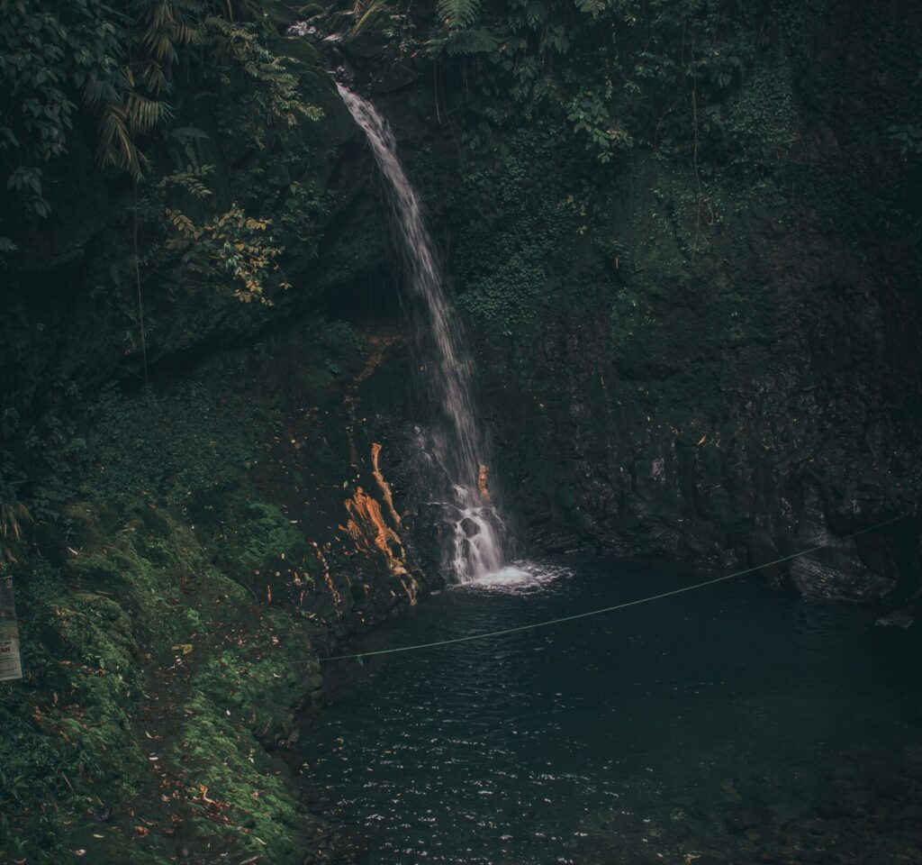 Man sits by a waterfall at Gunung Halimun Salak National Park, Indonesia, surrounded by lush greenery in a calm setting