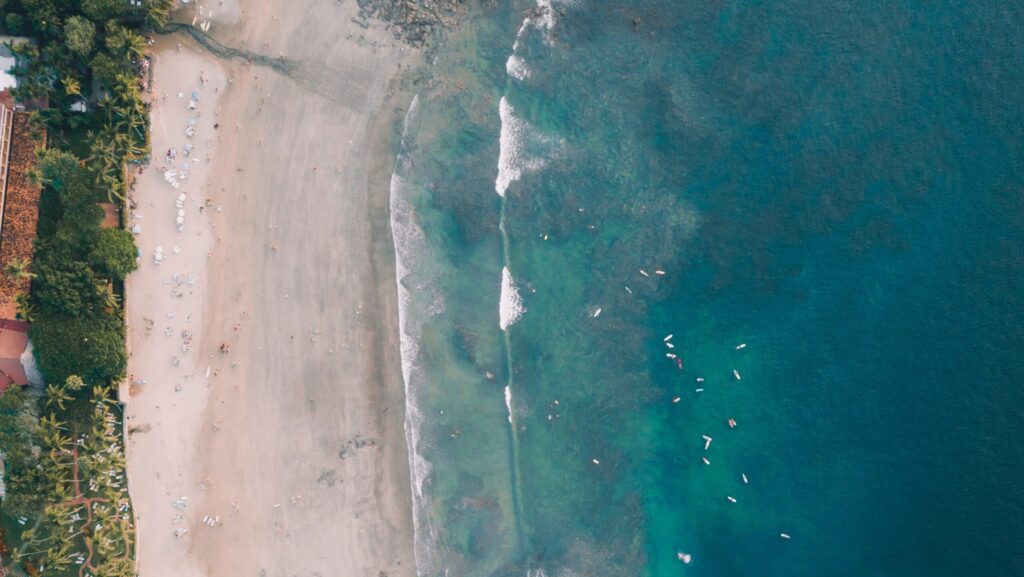 Costa Rica Surf From above with blue water and surfers waiting for a wave