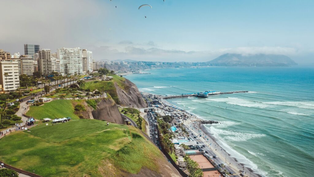 Cliffs and city overlooking Miraflores surf, Peru