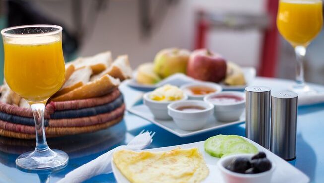 Breakfast with juice at Atlanticzin Watersports surf camp in Essaouira Morocco
