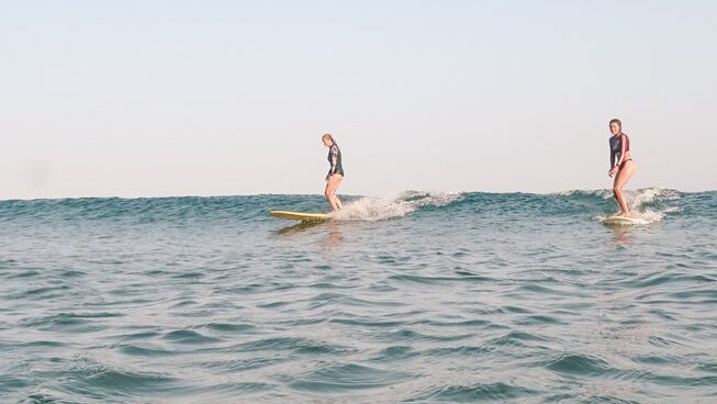 Learner surfers standing on waves with Chicks on Waves surf camp a Portugal Surf Camp Algarve Beginner