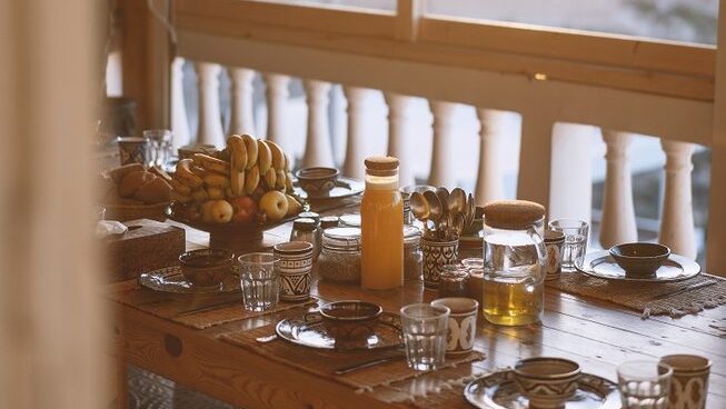 Food on a table at easy surf maroc surf camp in tamraght