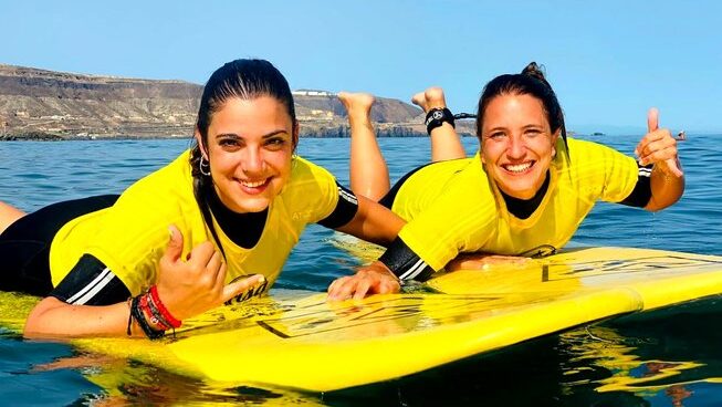 two learner surfers with beginner surf camp Canary Islands