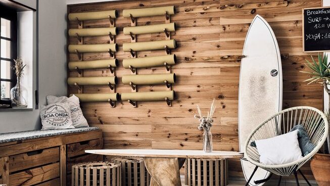 Yoga Studio with mats and surfboard at Boa Onda Guesthouse surf camp in Peniche