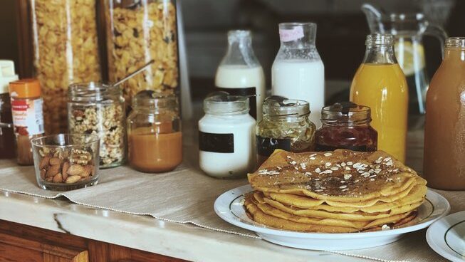 breakfast with juice and milk at Boa Onda Guesthouse surf camp in Peniche Portugal