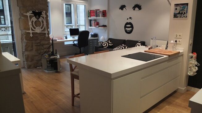 Kitchen and accommodation at El Aula Azul surf camp in San Sebastian