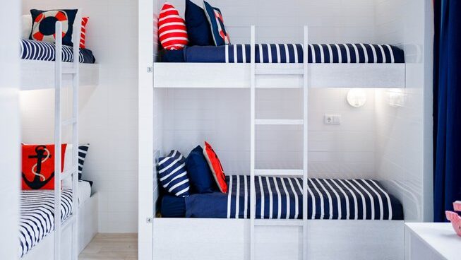 Hostel style accommodation with bunk beds at Ferrel Surf House surf camp in Peniche Portugal