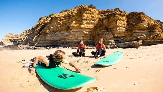 surf instructor and learners at Moka Surfhouse & Yoga Retreat in Ericeira
