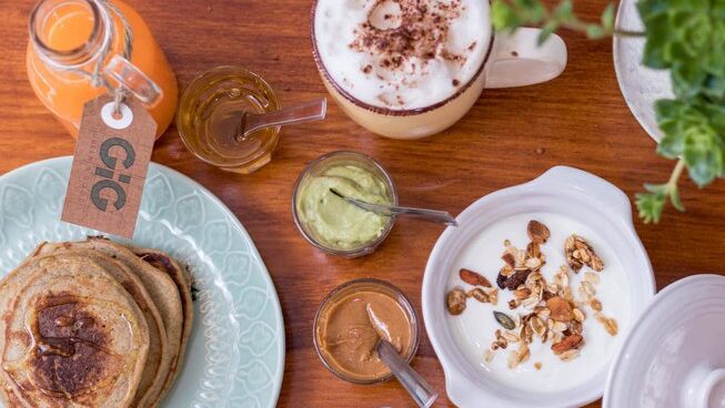 breakfast with pancakes and yogurt at Sea Krew surf camp