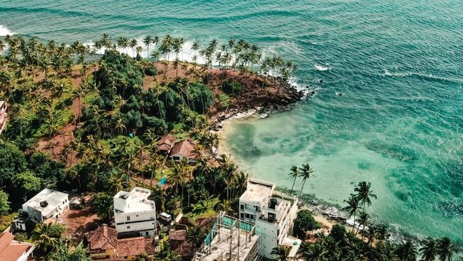 drone shot of ocean and trees at Surf & Yoga Mirissa surf retreat
