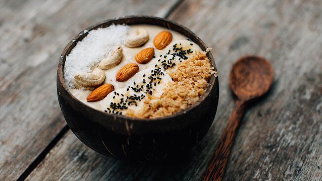 Bowl of food with almonds and muesli at Surf & Yoga Mirissa surf retreat