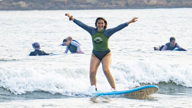 a learner surfer standing up at Surfers Paradise Weligama surf camp