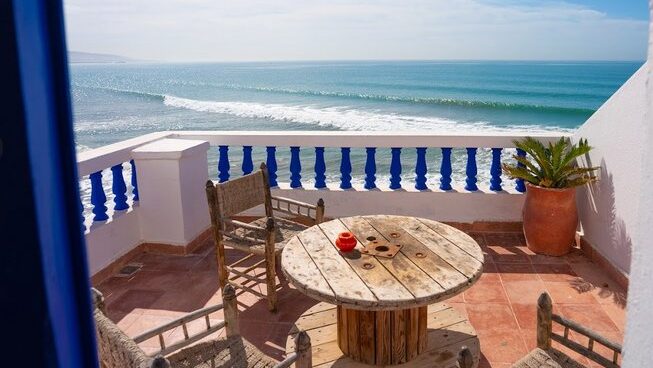 Balcony overlooking the surf at Tamraght with Allride Surfer surf camp Taghazout