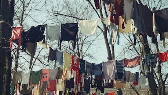 Clothes hanging on a clothes line outside