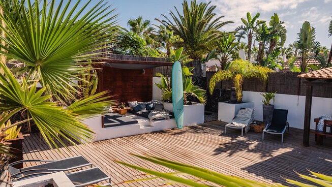 timber deck with sun chairs at Line Up Fuerteventura surf camp
