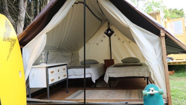 Accommodation in eco site with beds with Bio Surf Camp