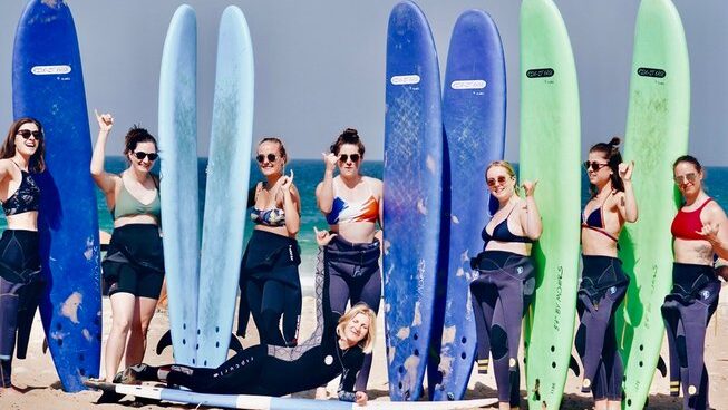 a group of learner surfers doing the shaka Surf Soul Adventure surf camp