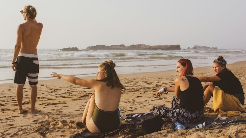 Group relaxing on a beach.