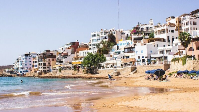 Taghazout Morocco with the sun shining on the beach