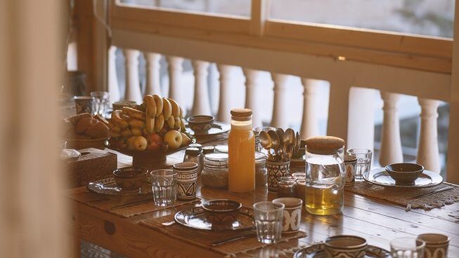 Breakfast on table at a Morocco surf camp