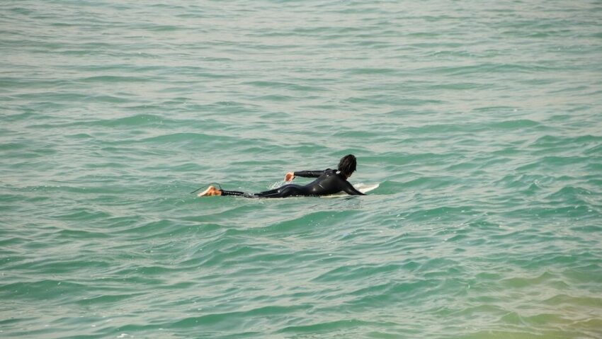 surfer paddling back to the line-up in Taghazout