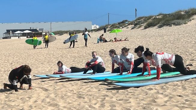 Surfers learning on the sand at Peniche